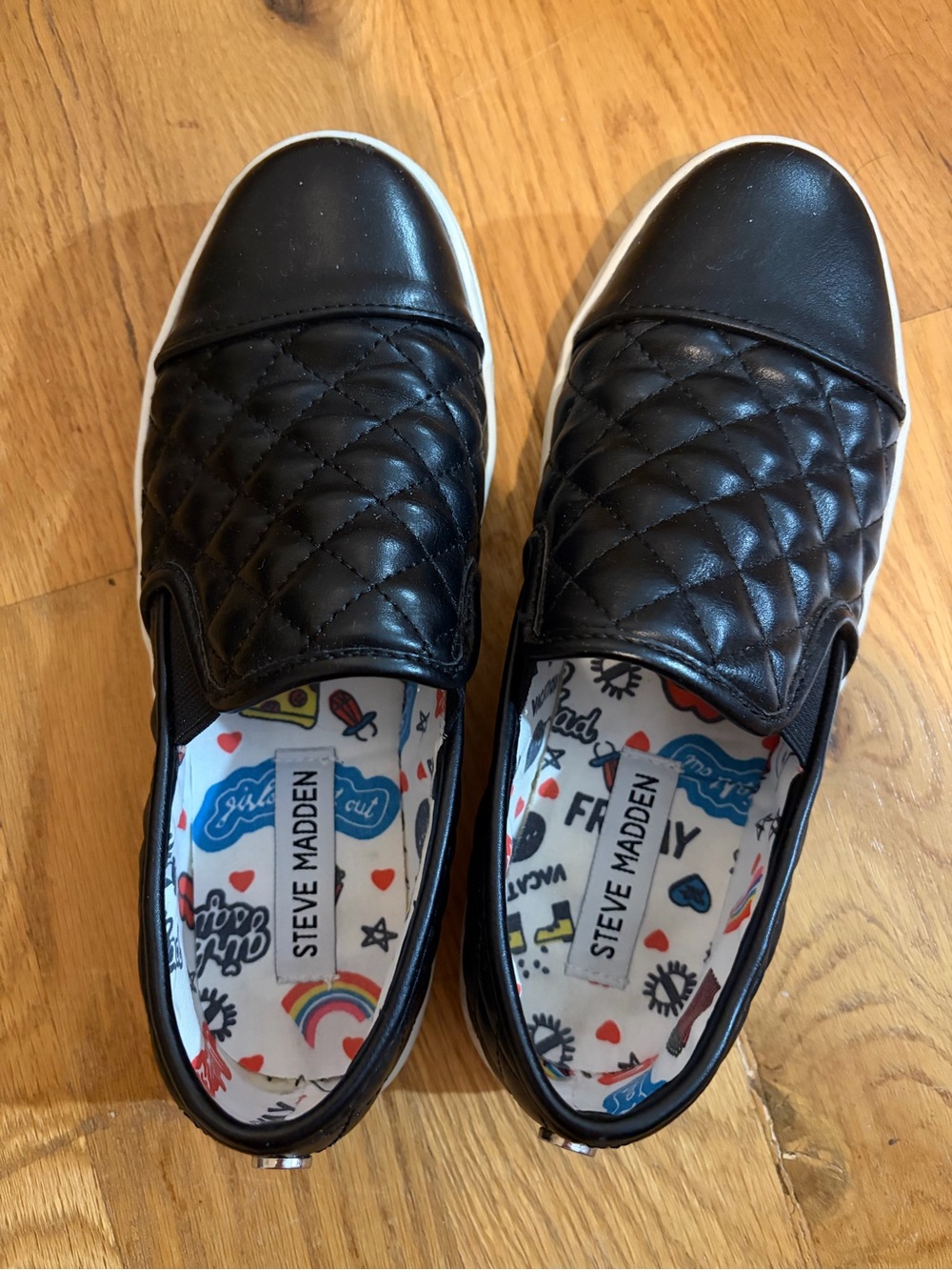 Steve Madden Kids Black Quilted Slip-On Sneakers with White Soles